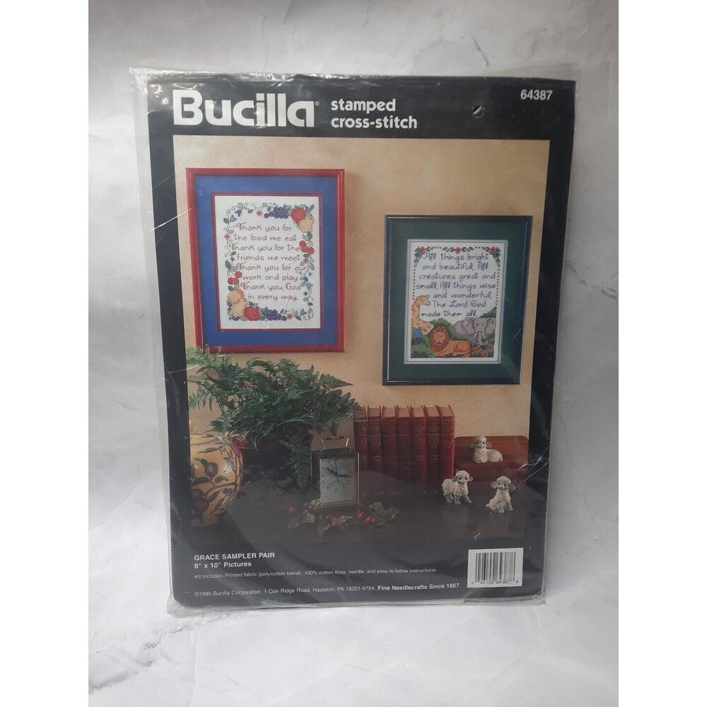 BUCILLA Stamped Cross Stitch Kit Grace Sampler Pair 64387 1995 8x10